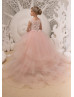 Pink Lace Tulle Beaded Flower Girl Dress With Horsehair Hem